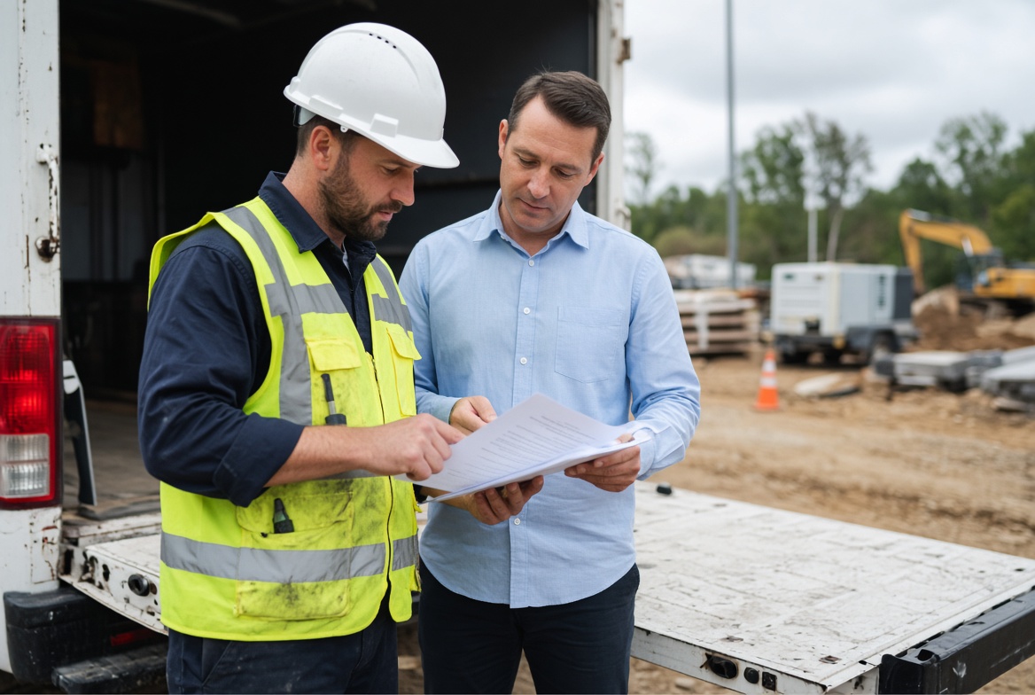 Two men at a work truck reviewing a business form